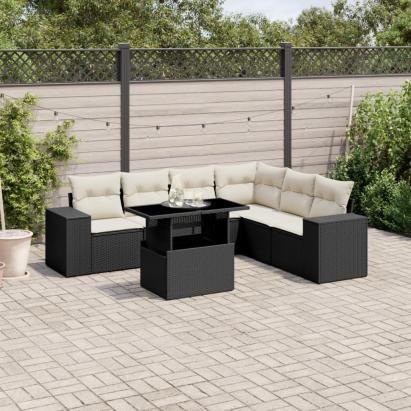Set canapele de grădină cu perne, 7 piese, negru, poliratan GartenMobel Dekor