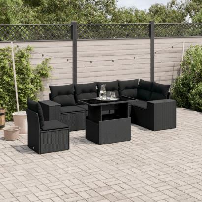 Set canapele de grădină cu perne, 7 piese, negru, poliratan GartenMobel Dekor