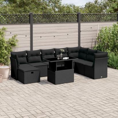 Set mobilier de grădină cu perne, 9 piese, negru, poliratan GartenMobel Dekor