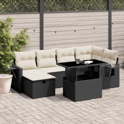 Set canapele de grădină cu perne, 7 piese, negru, poliratan GartenMobel Dekor