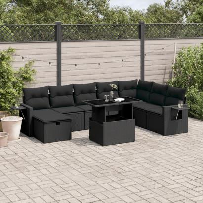 Set mobilier de grădină cu perne, 9 piese, negru, poliratan GartenMobel Dekor