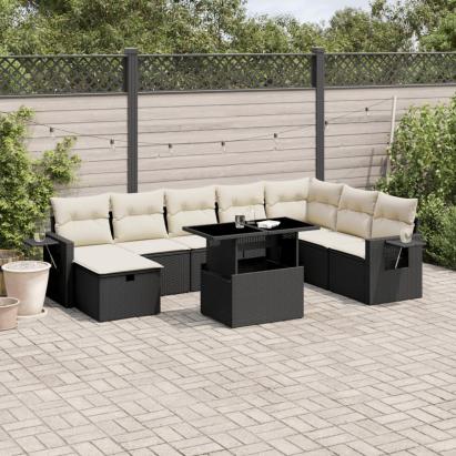 Set mobilier de grădină cu perne, 9 piese, negru, poliratan GartenMobel Dekor