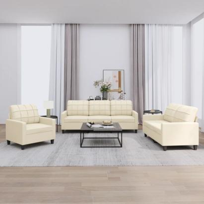 Set de canapele cu perne, 3 piese, crem, piele ecologică GartenMobel Dekor