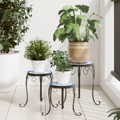 Suporturi pentru plante, 3 buc., albastru și alb, ceramică GartenMobel Dekor
