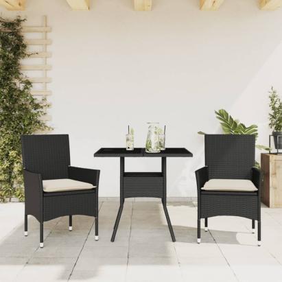 Set mobilier de grădină cu perne 3 piese negru poliratan&sticlă GartenMobel Dekor