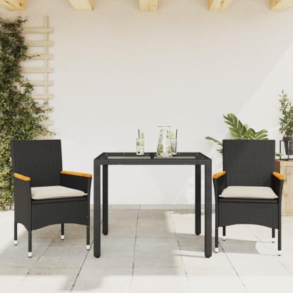 Set mobilier de grădină cu perne 3 piese negru poliratan&sticlă GartenMobel Dekor
