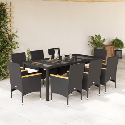 Set mobilier de grădină cu perne 9 piese negru poliratan&sticlă GartenMobel Dekor