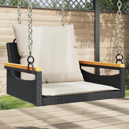 Bancă de balansoar cu perne, negru, 63x62x40 cm, poliratan GartenMobel Dekor
