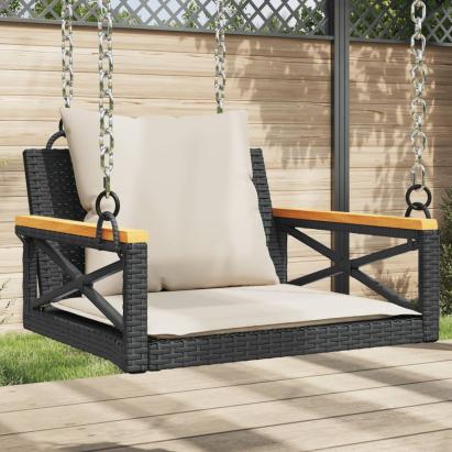 Bancă de balansoar cu perne, negru, 63x62x40 cm, poliratan GartenMobel Dekor