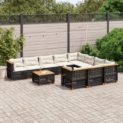Set canapele de grădină cu perne, 11 piese, negru, poliratan GartenMobel Dekor