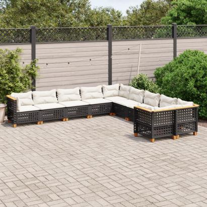 Set canapele de grădină cu perne, 10 piese, negru, poliratan GartenMobel Dekor