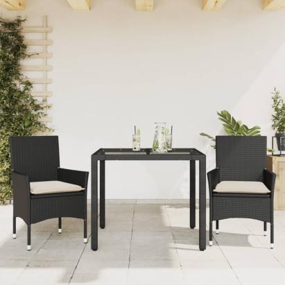 Set mobilier de grădină cu perne 3 piese negru poliratan&sticlă GartenMobel Dekor