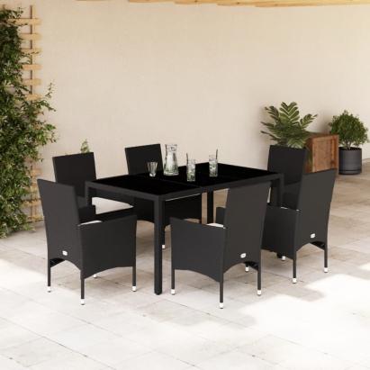 Set mobilier de grădină cu perne 7 piese negru poliratan&sticlă GartenMobel Dekor