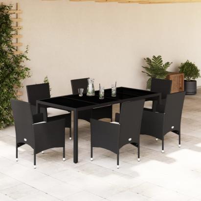 Set mobilier de grădină cu perne 7 piese negru poliratan&sticlă GartenMobel Dekor