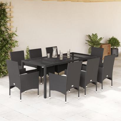 Set mobilier de grădină cu perne 9 piese negru poliratan&sticlă GartenMobel Dekor