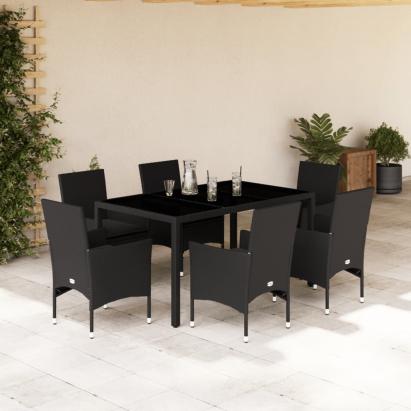 Set mobilier de grădină cu perne 7 piese negru poliratan&sticlă GartenMobel Dekor