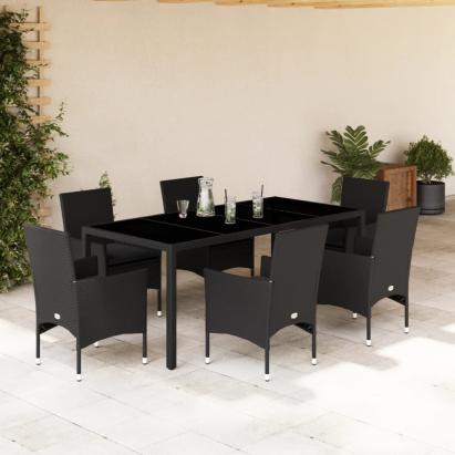 Set mobilier de grădină cu perne 7 piese negru poliratan&sticlă GartenMobel Dekor