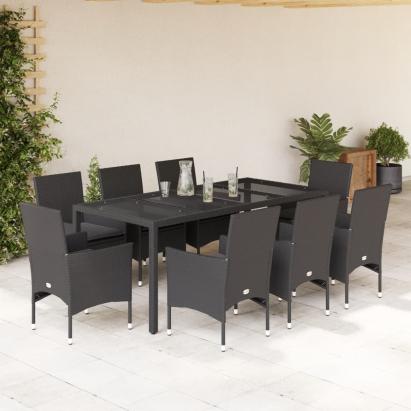 Set mobilier de grădină cu perne 9 piese negru poliratan&sticlă GartenMobel Dekor