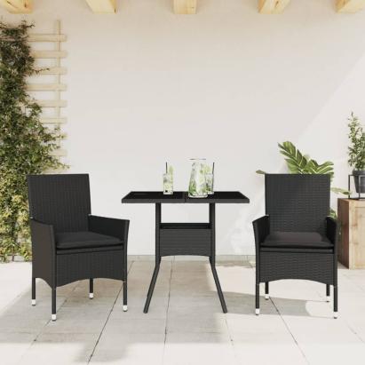 Set mobilier de grădină cu perne 3 piese negru poliratan&sticlă GartenMobel Dekor