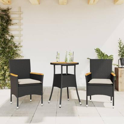 Set mobilier grădină perne 3 piese negru poliratan/lemn acacia GartenMobel Dekor