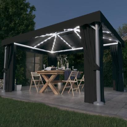 Pavilion cu perdele & șiruri lumini LED, antracit, 4x3 m GartenMobel Dekor