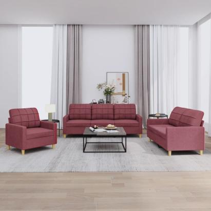 Set canapea cu perne, 3 piese, roșu vin, material textil GartenMobel Dekor