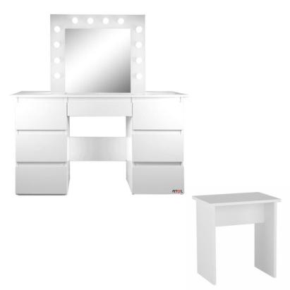 Masa de toaleta/machiaj + Taburet, alba, cu oglinda si LED-uri, Vanessa, 130x43x143 cm GartenVIP DiyLine