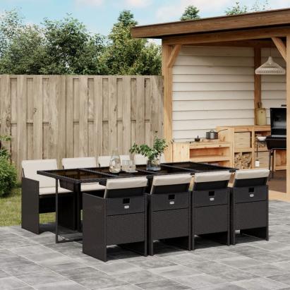 Set mobilier de grădină cu perne, 9 piese, negru, poliratan GartenMobel Dekor