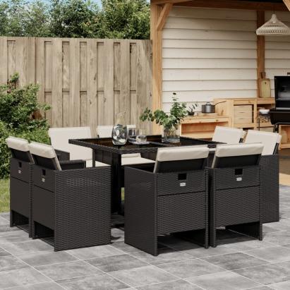 Set mobilier de grădină cu perne, 9 piese, negru, poliratan GartenMobel Dekor