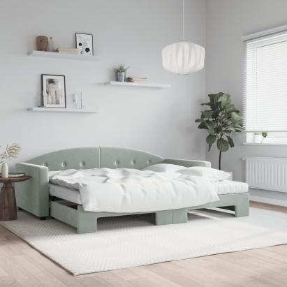 Pat de zi cu extensie și saltele, gri deschis 90x200 cm catifea GartenMobel Dekor