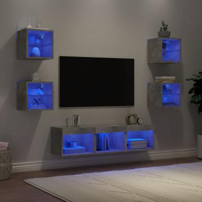 Unități TV de perete cu LED-uri 7 piese gri beton lemn compozit GartenMobel Dekor