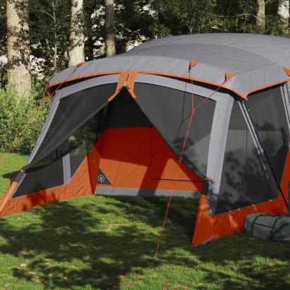 Cort camping cu verandă 4 persoane, gri/portocaliu, impermeabil GartenMobel Dekor