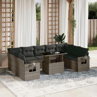Set mobilier de grădină cu perne, 10 piese, gri, poliratan GartenMobel Dekor