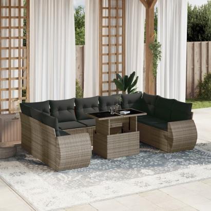 Set mobilier de grădină cu perne, 10 piese, gri, poliratan GartenMobel Dekor