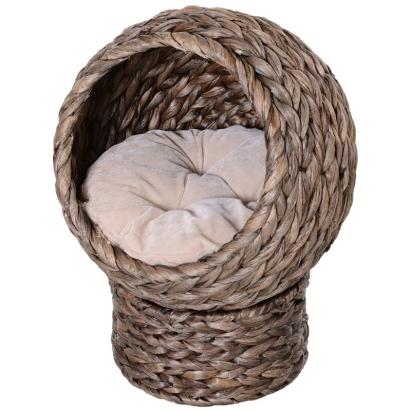 Pat/culcus cu acoperis pentru pisica din frunze de bananier, perna poliester, maro, 42x33x52 cm GartenVIP DiyLine