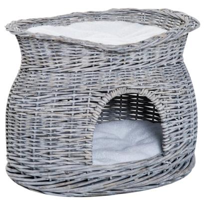 Pat/culcus cu acoperis pentru pisica din rachita, perna bumbac, gri, 56x37x40 cm GartenVIP DiyLine