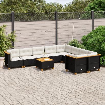 Set canapele de grădină cu perne, 10 piese, negru, poliratan GartenMobel Dekor