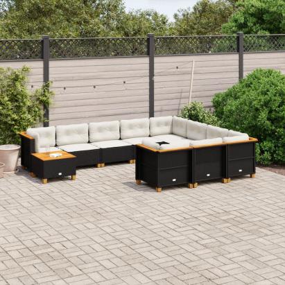 Set canapele de grădină cu perne, 11 piese, negru, poliratan GartenMobel Dekor