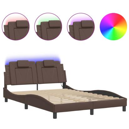 Cadru de pat cu lumini LED, maro, 140x190 cm, piele ecologică GartenMobel Dekor