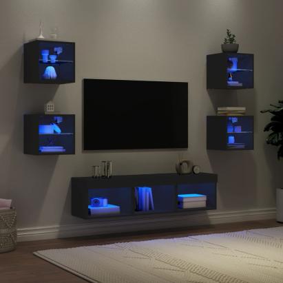 Unități de perete TV cu LED-uri, 7 piese, negru, lemn prelucrat GartenMobel Dekor