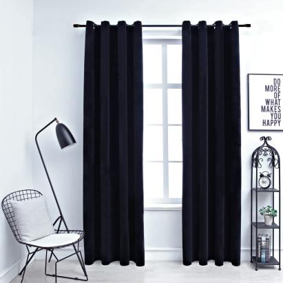 Draperii opace cu inele, 2 buc., negru, 140 x 225 cm, catifea GartenMobel Dekor
