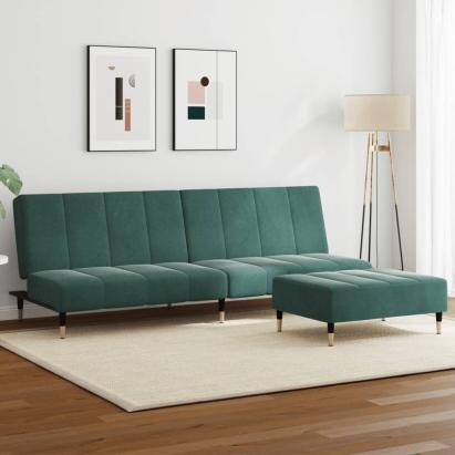 Canapea extensibilă cu taburet, 2 locuri, verde închis, catifea GartenMobel Dekor