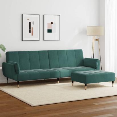 Canapea extensibilă cu taburet, 2 locuri, verde închis, catifea GartenMobel Dekor