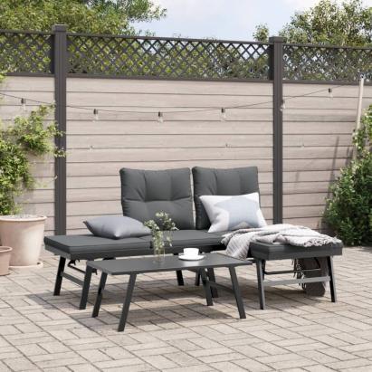 Bănci de grădină cu perne 2 buc negru oțel vopsit electrostatic GartenMobel Dekor