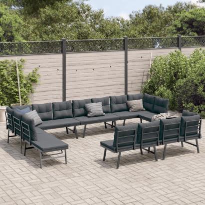 Bănci de grădină cu perne 8 buc negru oțel vopsit electrostatic GartenMobel Dekor