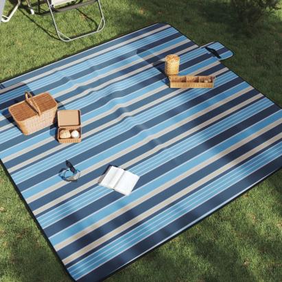Pătură picnic pliabilă, dungi albastre alb, 200x200 cm catifea GartenMobel Dekor