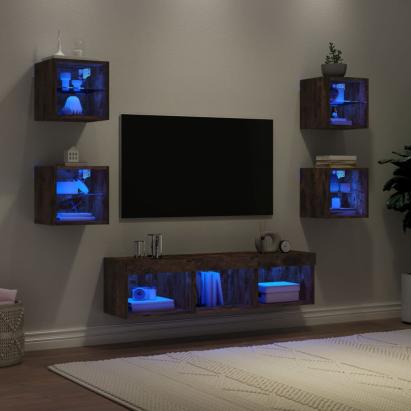 Unități de perete TV cu LED-uri, 7 piese, stejar fumuriu, lemn GartenMobel Dekor