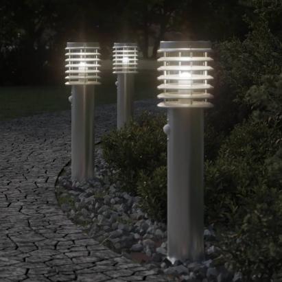 Lămpi exterioare de podea senzor 3 buc argintiu 60 cm oțel inox GartenMobel Dekor