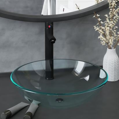 Chiuvetă baie robinet și scurgere tip push, transparent sticlă GartenMobel Dekor