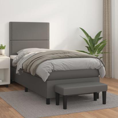 Pat box spring cu saltea, gri, 90x190 cm, piele ecologică GartenMobel Dekor